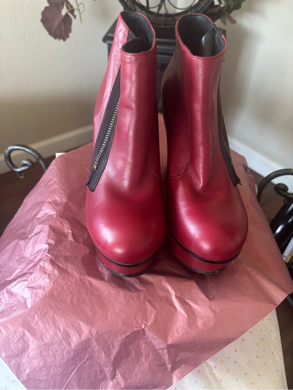 Diesel Burgundy Leather Ankle Boots with Front Zip